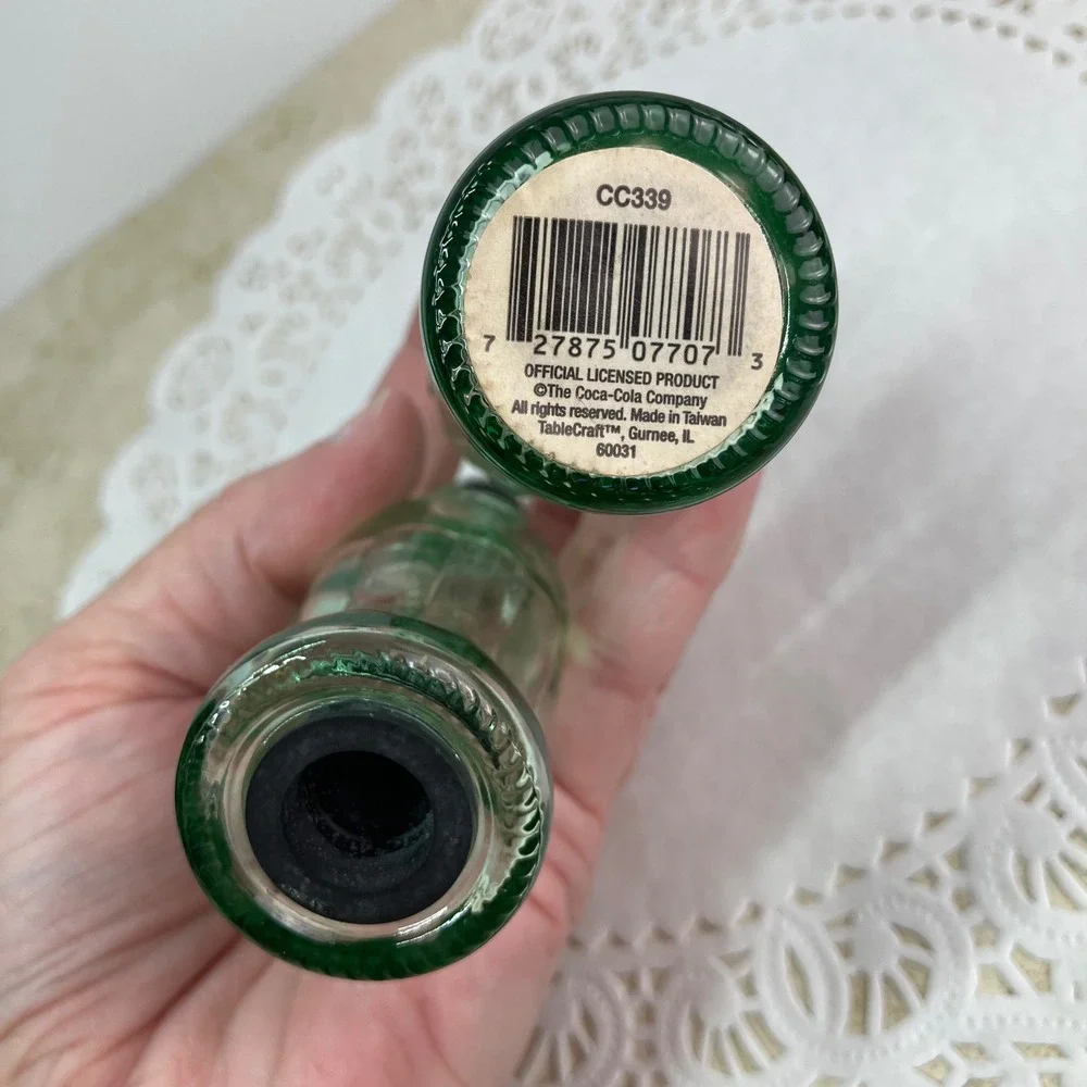 Coca-Cola Salt and Pepper Shakers Glass Bottle Set 4.5in Green New Old Stock